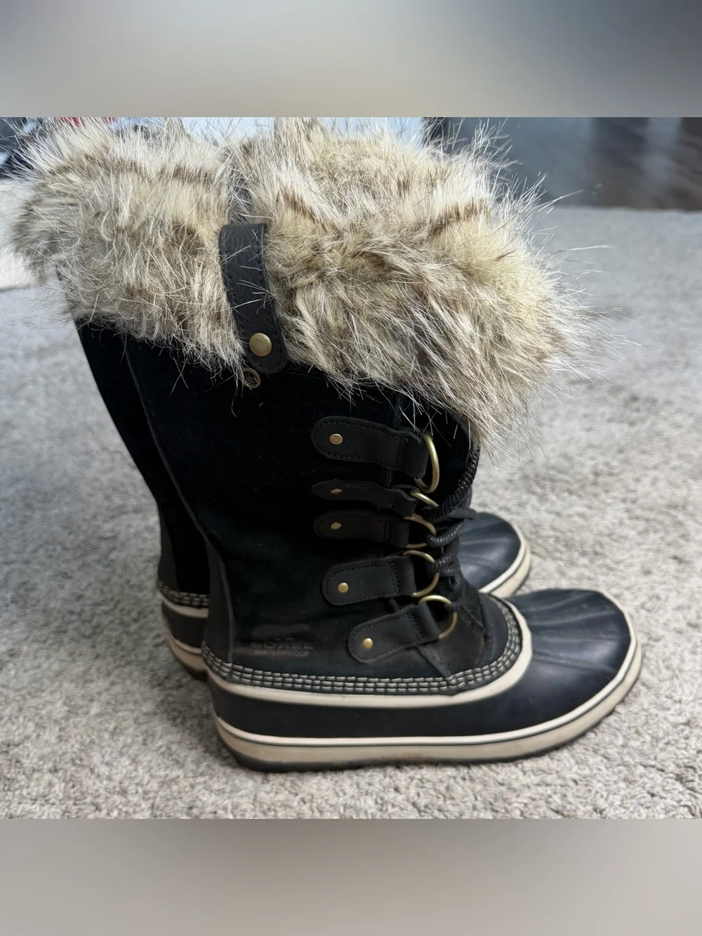 SOREL Joan of Arctic Waterproof Winter Boots 10.5 black tall fur lined lace up
